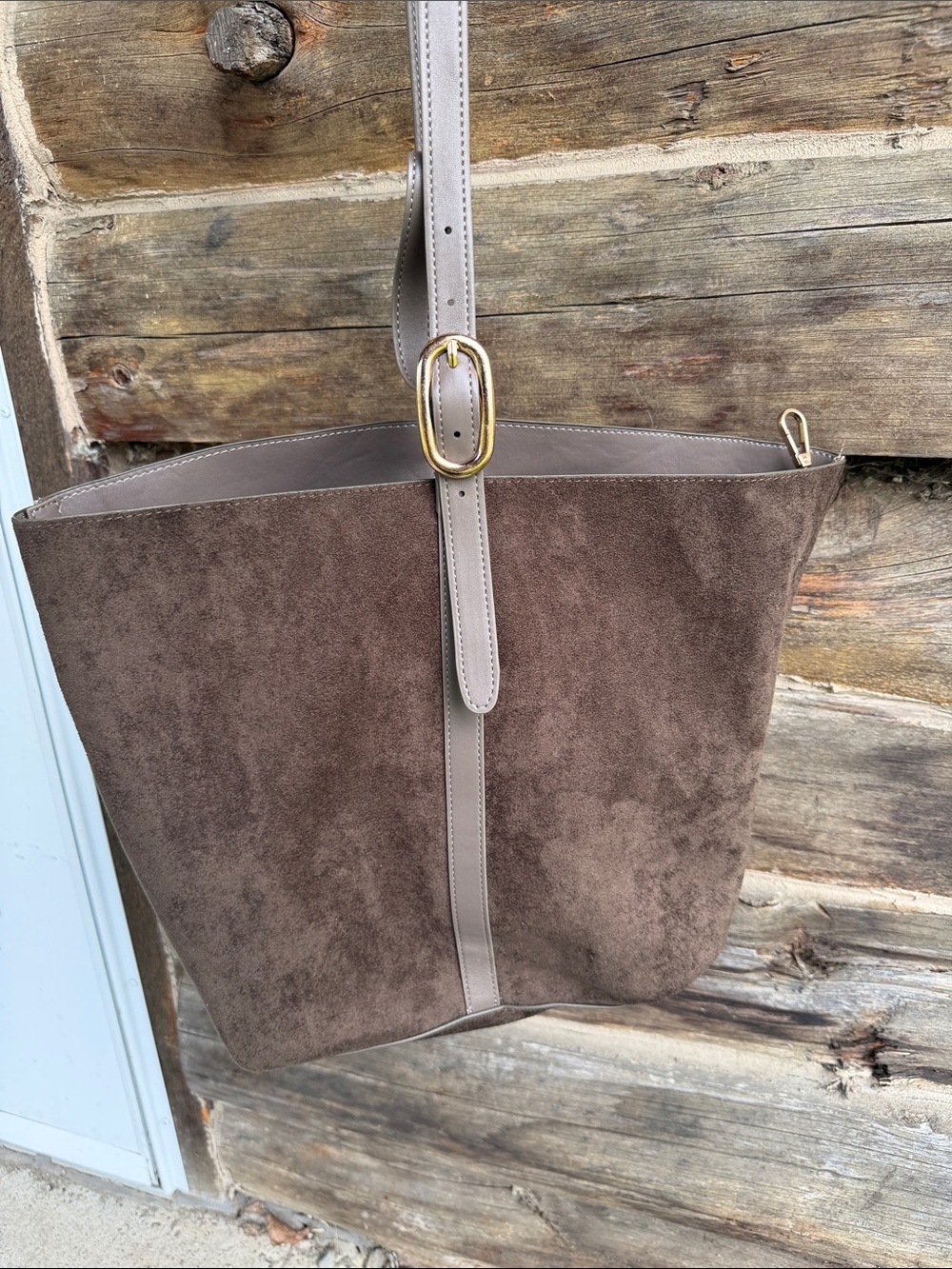 Old Navy Brown Suede Tote with Taupe Trim and Gold Buckle